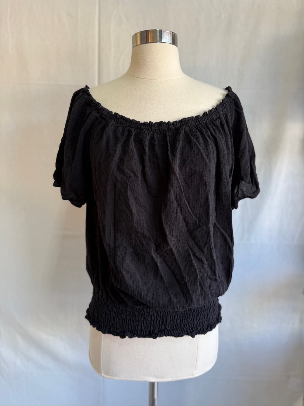 Michael Kors Black Off-Shoulder Smocked Hem Top